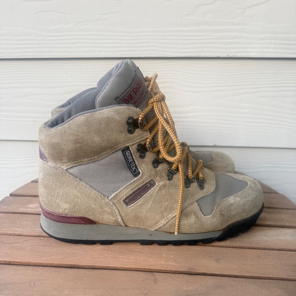 Merrell Challenge GTX Hiking Boots Mens 8.5 Tan Grey Suede Gore-Tex Vintage